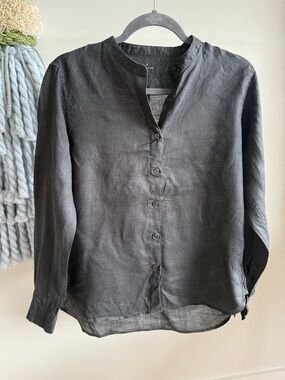 Muji 100% Linen Black Womens Button Up Mandarin Collar Blouse Top